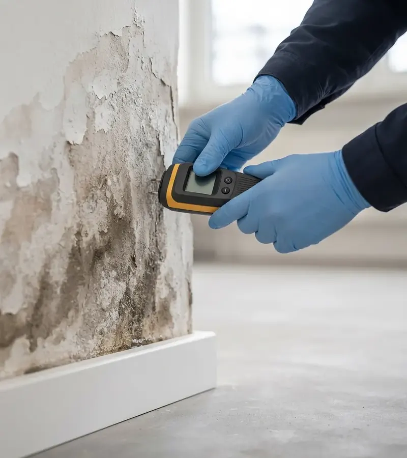 Técnico midiendo la humedad en la parte baja de una pared en Los Yébenes