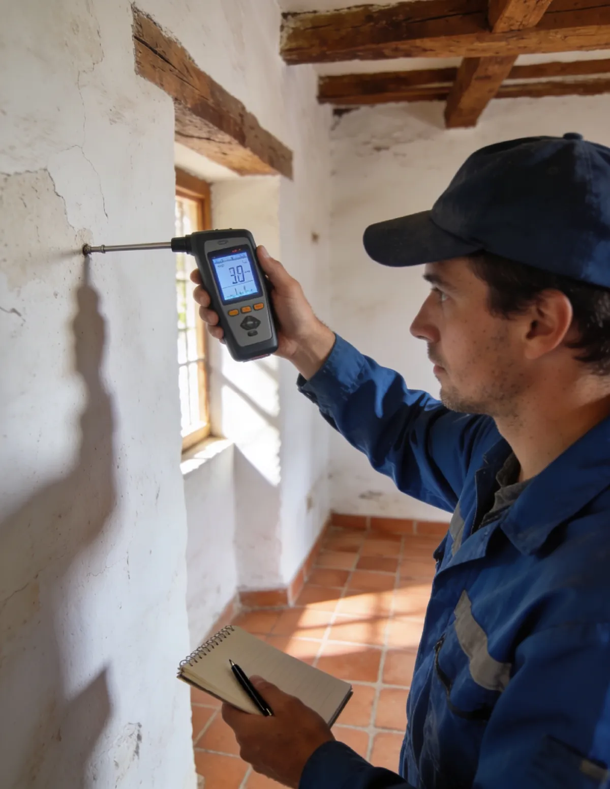 Técnico HUMIX midiendo la humedad de un muro antiguo en Los Yébenes